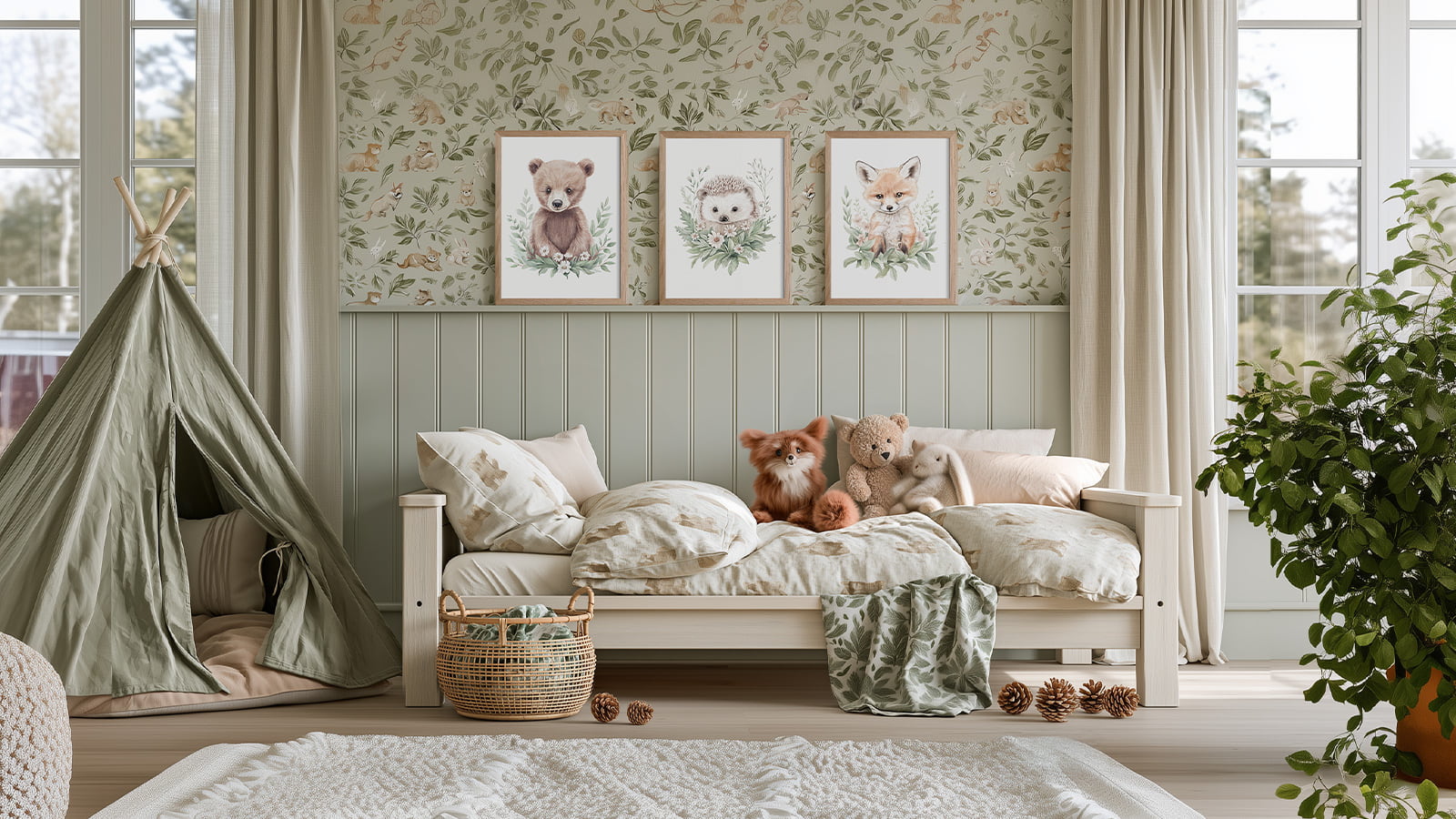 Lugnt barnrum med djurmotiv — tre handmålade akvarellposters med björn, igelkott och räv ovanför sängen, skogstapet, lekstält och naturmaterial i grönt och beige