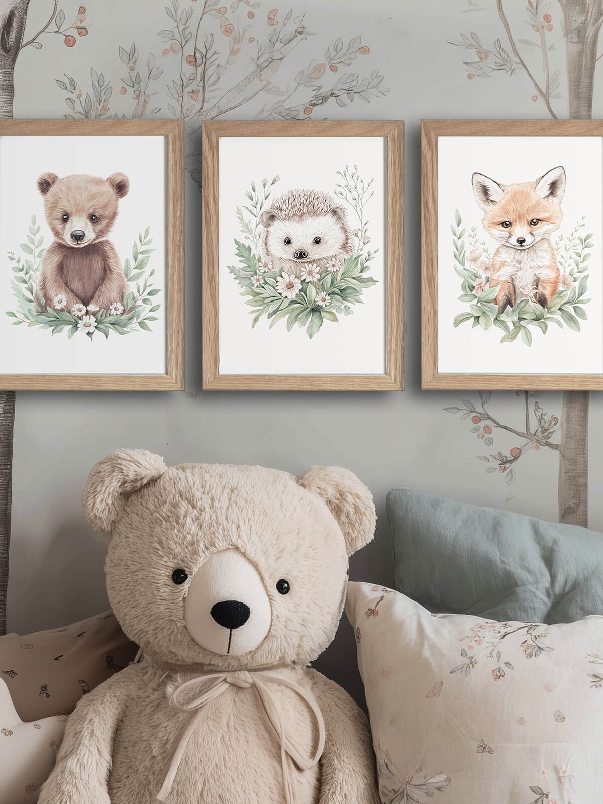 Handmålade akvarellkort A5 med Benji, Nilo och Remi i ekram, trio-paket, närbild i barnrum