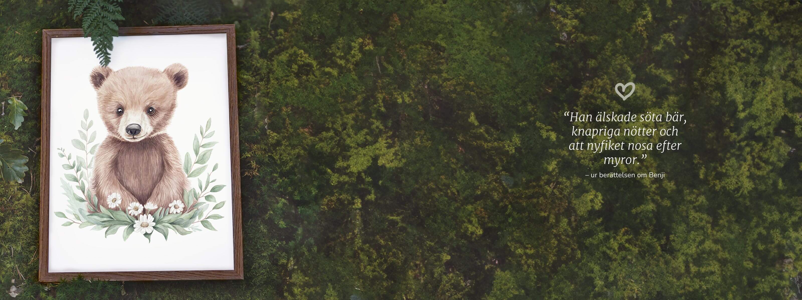 Björnen Benji i skogens lugn – barnposter i akvarell