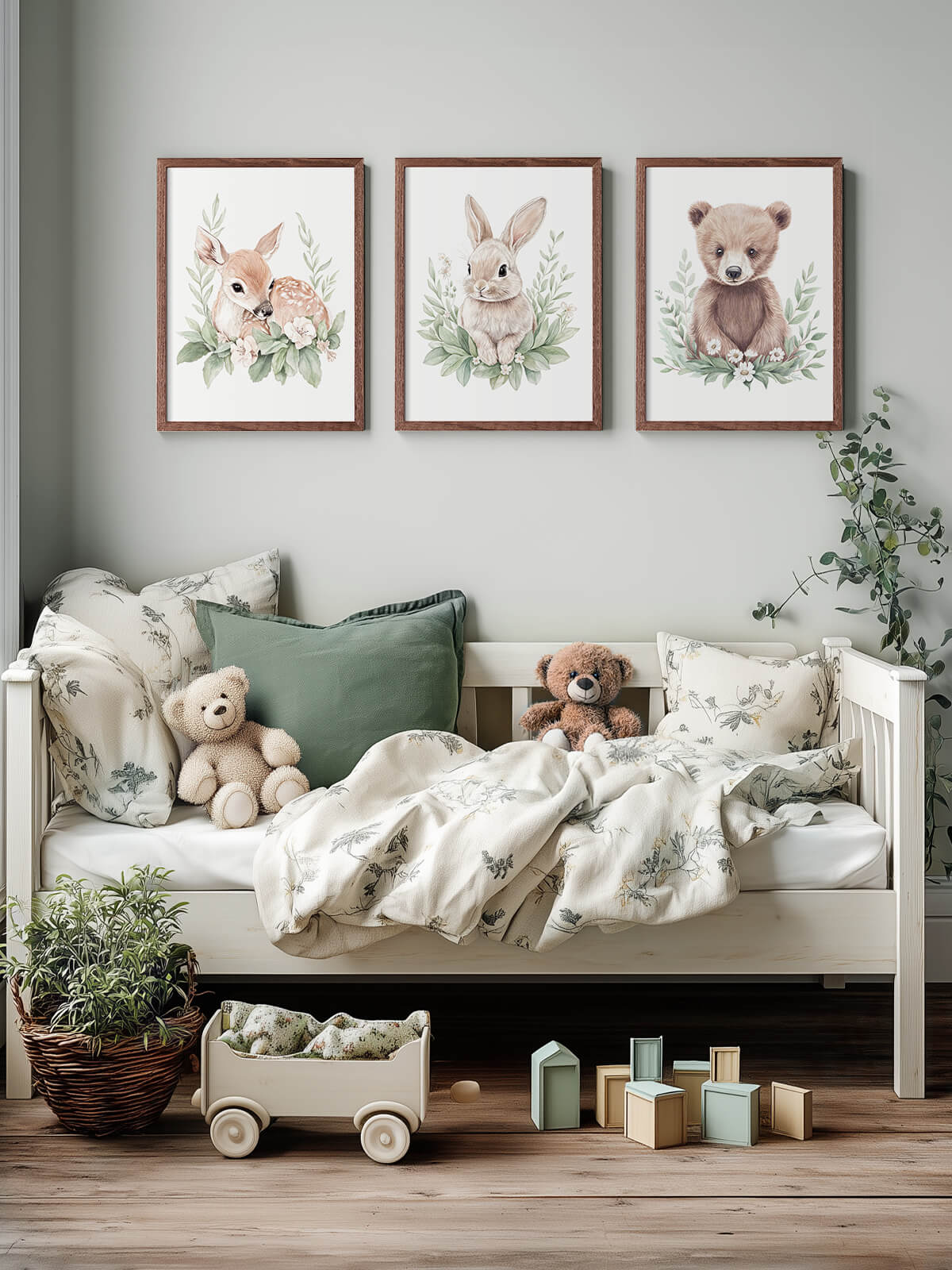 Tre handmålade barnposters med Luna, Bonnie och Benji i mörkbrun ekram på barnrumsvägg