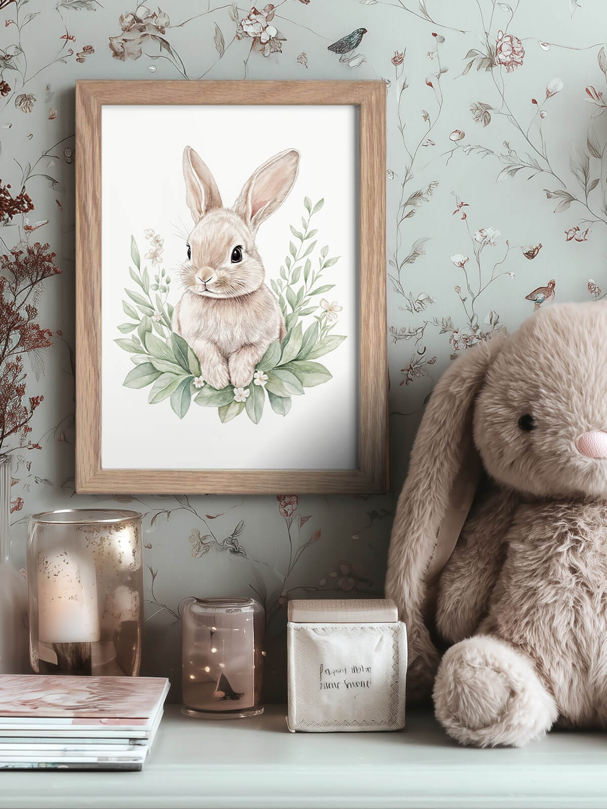 Handmålad barnposter A5 med Bonnie i ekram, närbild i barnrum