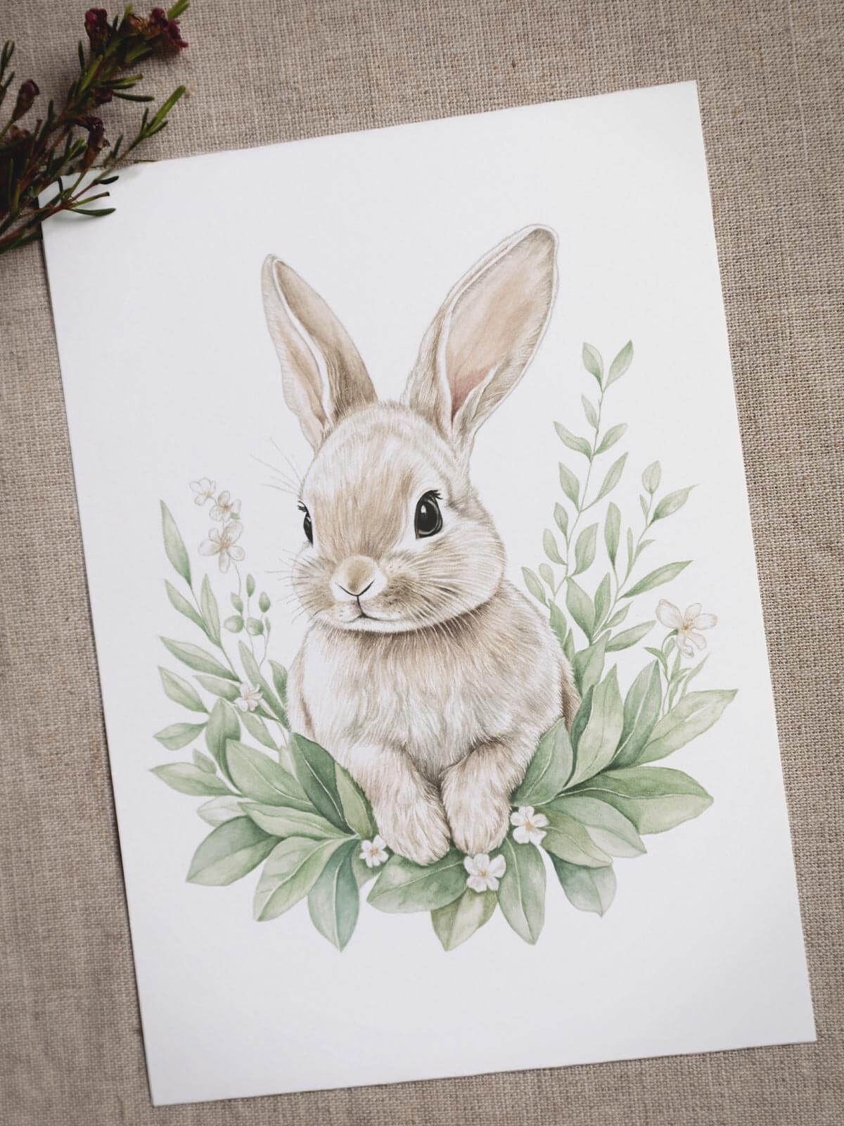 A5 akvarellkort kanin Bonnie på linneduk med blomkvist