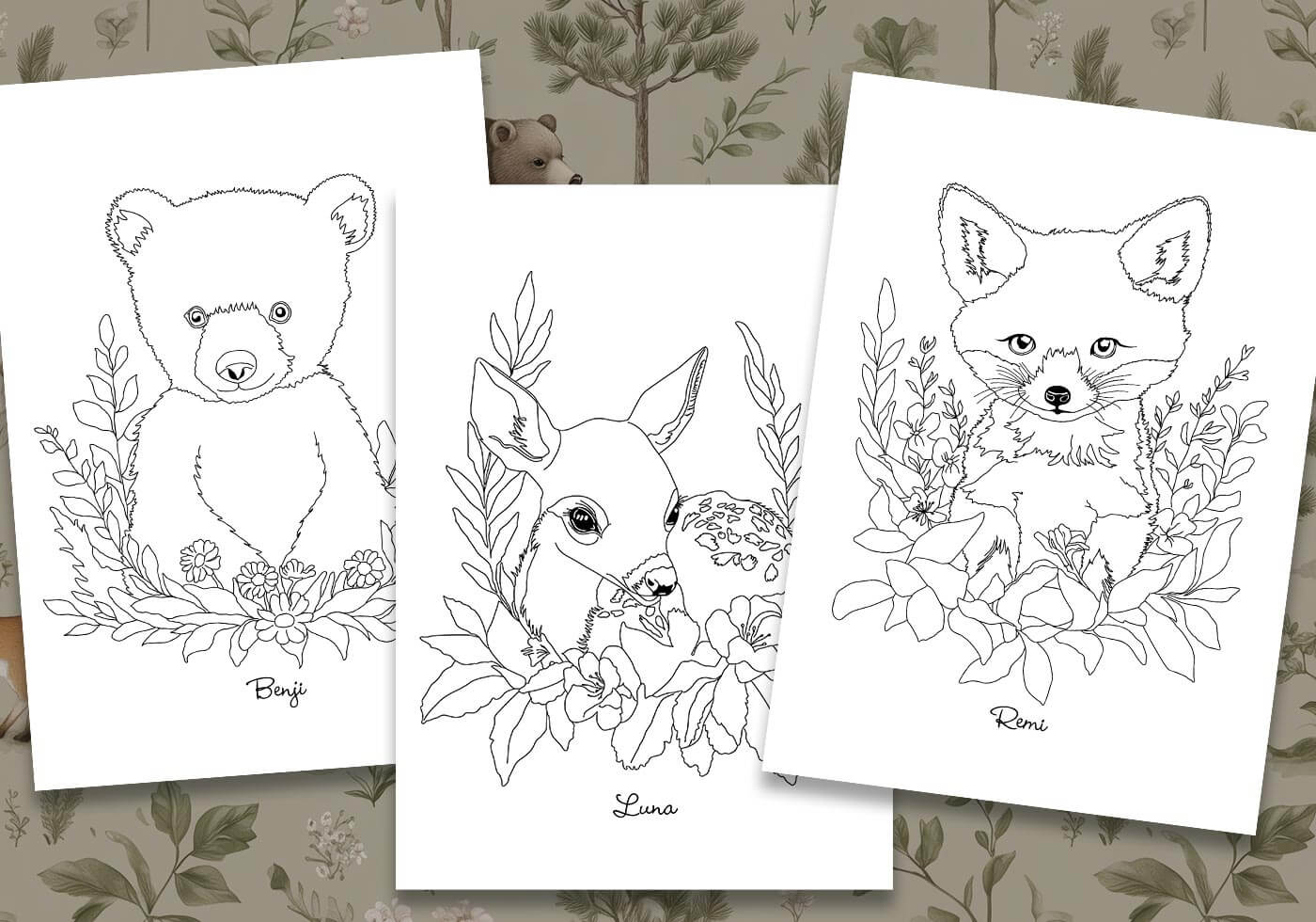 Gratis målarbilder A4 med Benji, Luna och Remi mot tapet i bakgrunden